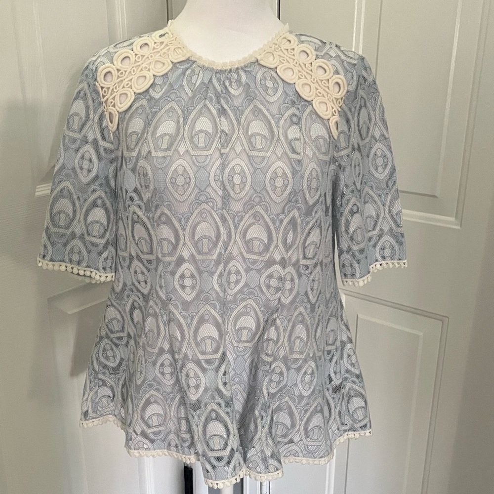 HD in Paris Anthropologie Blue Sheer Lace‎ Top SZ XS A-Line Fairy Whimsical 34” - Picture 7 of 13